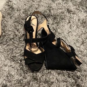Black American eagle suede wedges, cross cross straps, size 7